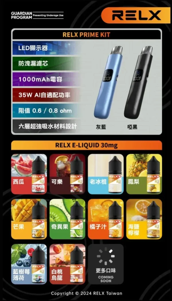1785999166465.webp RELX 悅刻 prime kit 注油小煙主機|35W暴力輸出 防漏濾芯 1000mAh超強續航 LED螢幕即時顯示 通用小煙煙油