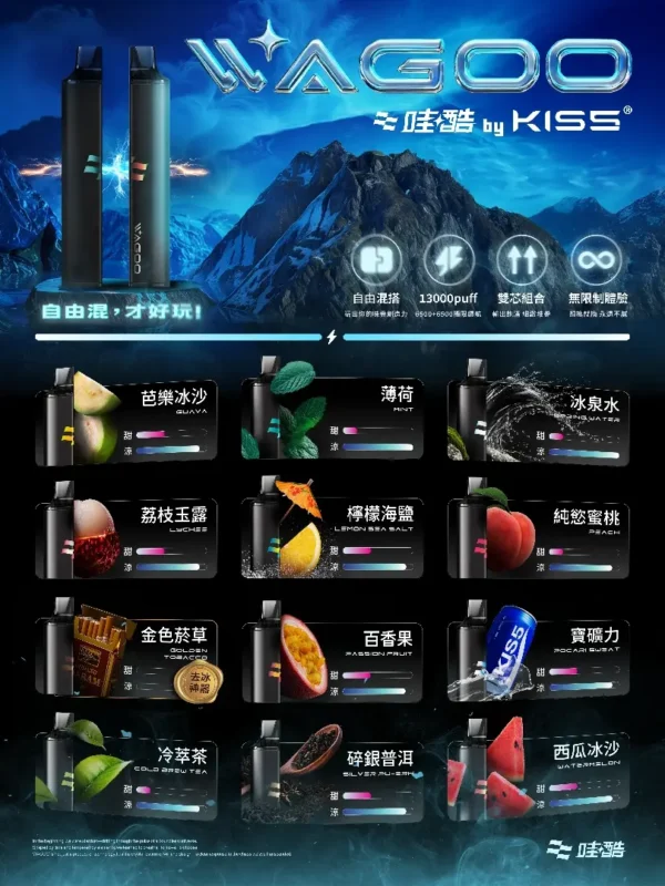 WAGOO 哇酷 KIS5 6500口 拋棄式電子煙｜升級不漏油結構 順滑擊喉感 雙芯磁吸混搭 78種風味變幻