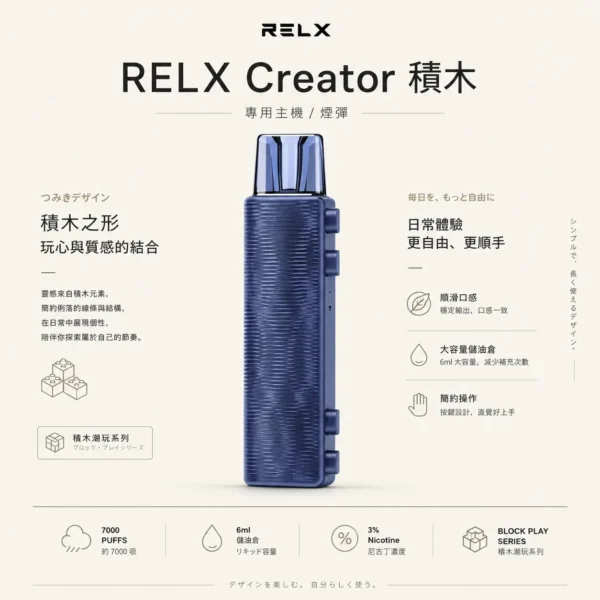 RELX 悅刻 Creator 積木 7000口｜3%尼古丁鹽 6ml儲油倉 拋棄式電子煙入門組