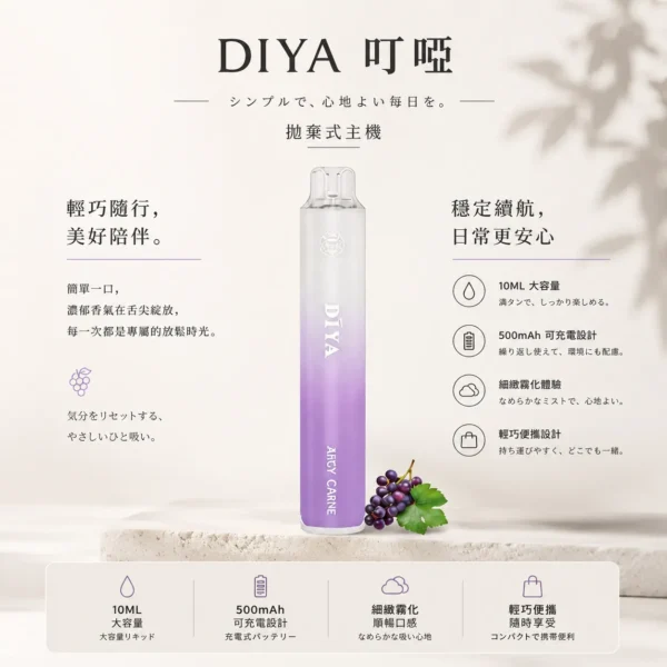 ChatGPT-Image-2026年8月21日-上午02_02_03.webp DIYA 叮啞 7500口 拋棄式電子煙|10ml大容量 多口味極致冰爽 不漏油結構 500mAh可充電設計