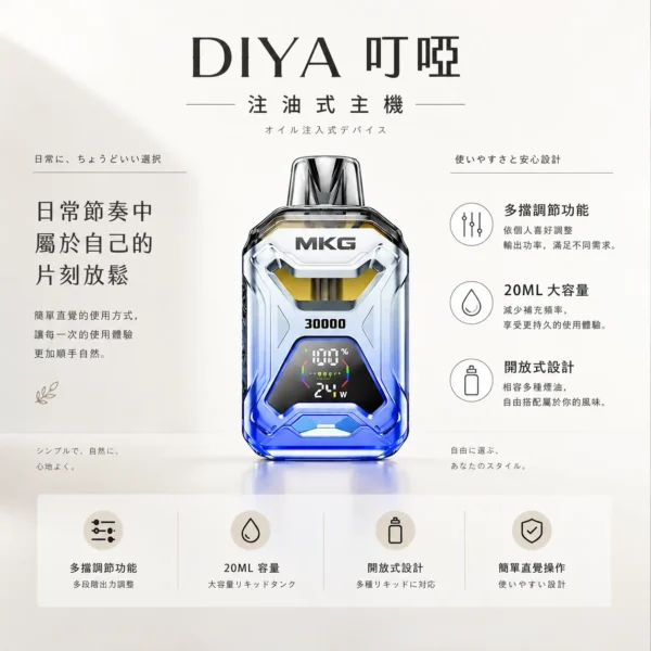 MKG 智能注油小煙主機｜液晶顯示精準監控數據 多檔調節結合 POWER 模式爆發 20ml巨量裝載 通用小煙煙油