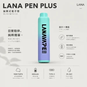 LANA PEN PLUS 9000口｜3%尼古丁鹽 15ml儲油 650mAh Mesh網芯 Type-C充電