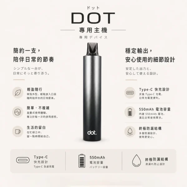 ChatGPT-Image-2026年8月22日-下午06_19_24.webp DOT switch 佩特里 升級款 專用主機|550mAh高續航電芯 金屬防刮塗層 Type-C 快充與終極防漏結構 穩壓輸出不燒焦 專用DOT switch煙彈