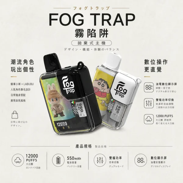 ChatGPT-Image-2026年8月22日-下午06_36_11.webp 【買十送一】Fog Trap 限量聯名 12000口|蠟筆小新 × LABUBU 油電數位顯示屏 雙檔功率切換 拋棄式電子煙