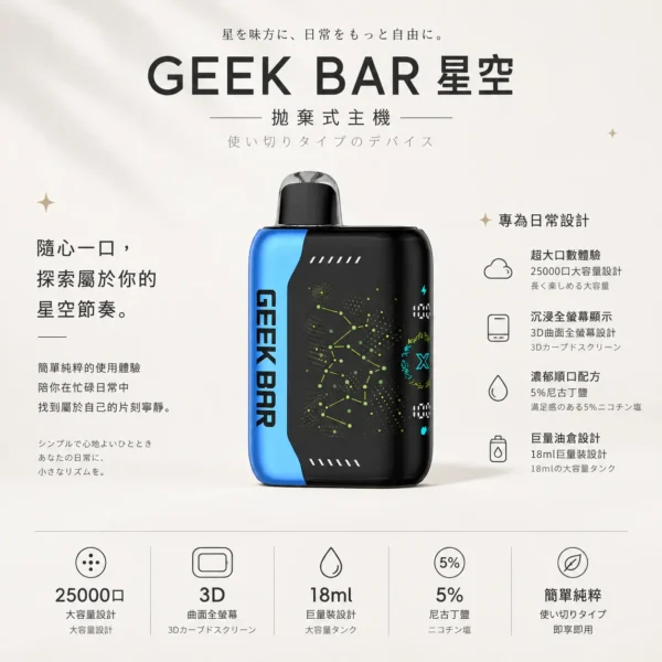 【買5贈1】GEEK BAR Pulse X 星空系列 25000口 拋棄式電子煙｜首創3D曲面全螢幕 18ml巨量裝 5%尼古丁鹽強勁擊喉