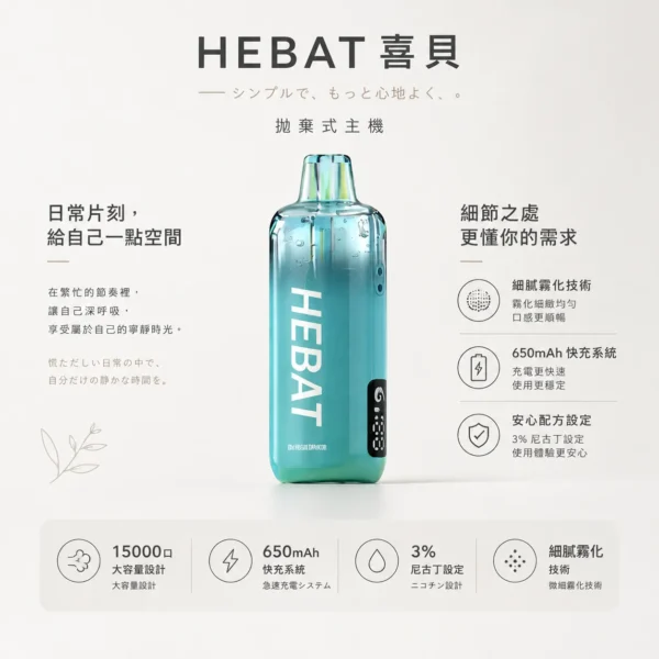 ChatGPT-Image-2026年8月22日-下午07_33_56.webp Hebat 喜貝 15000口 拋棄式電子煙|3%尼古丁鹽精準擊喉 650mAh極速快充