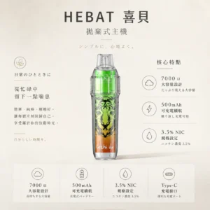 ChatGPT-Image-2026年8月22日-下午07_37_24.webp Hebat 喜貝 BOOM 7000口 拋棄式電子煙|14ml 巨量油倉 500mAh 可充電續航 3.5%尼古丁鹽完美比例擊喉感強勁 細膩霧化體驗