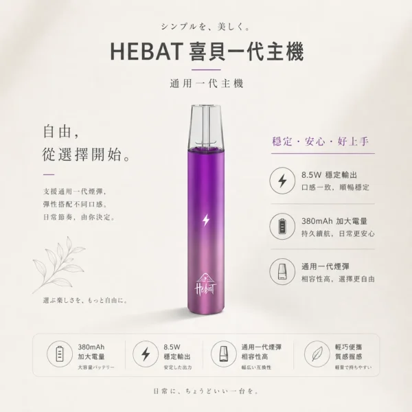 HEBAT 喜貝 一代通用主機｜絕美漸層配色 380mAh加大電量 8.5W穩定輸出 Type-C快充 完美通用一代煙彈
