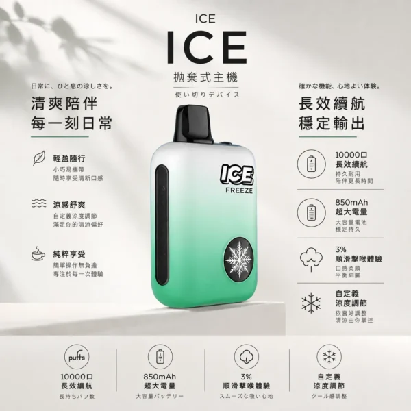 ICE 10000口｜自定義涼度調節 850mAh可充電 3%尼古丁鹽 Mesh霧化結構 拋棄式電子煙