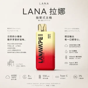 LANA 6000口 拋棄式電子煙｜Mesh 網芯爆汁口感 3%尼古丁鹽順滑擊喉 Type-C 快充 550mAh 長效續航 8ml 巨量裝