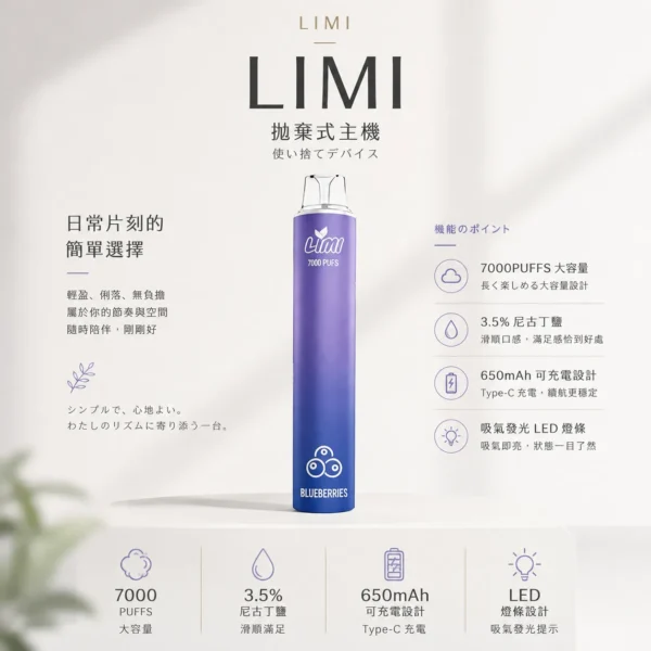 LIMI 7000口 拋棄式電子煙｜3.5% 尼古丁鹽強勁擊喉 冰感水果系列清涼入喉 吸氣發光 LED燈條 650mAh可充電