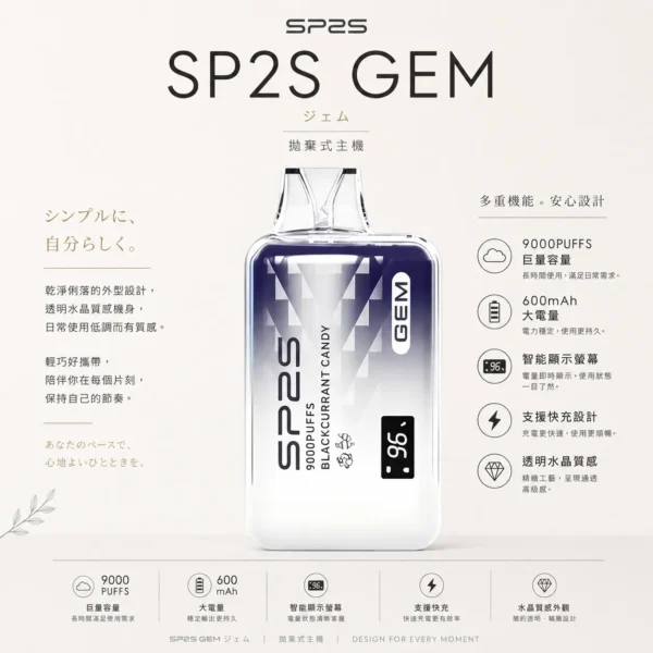 ChatGPT-Image-2026年8月24日-下午10_01_19.webp SP2S 思博瑞 GEM 9000口 拋棄式電子煙| 600mAh大電量支援快充 智能顯示螢幕 透明水晶質感