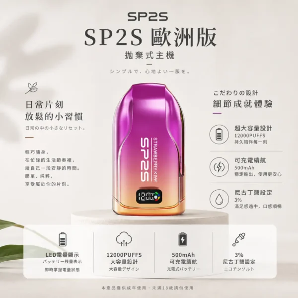 ChatGPT-Image-2026年8月24日-下午10_04_16.webp SP2S 歐洲版 12000口 拋棄式電子煙|自帶 LED 電量顯示 10ml 澎湃容量 電力一目瞭然 500mAh 可充電續航