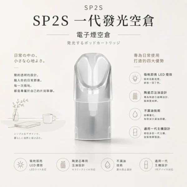 SP2S 一代通用發光空倉｜吸吮即亮 炫彩 LED 燈效 陶瓷芯注油專用 不漏油技術 通用各代一代主機