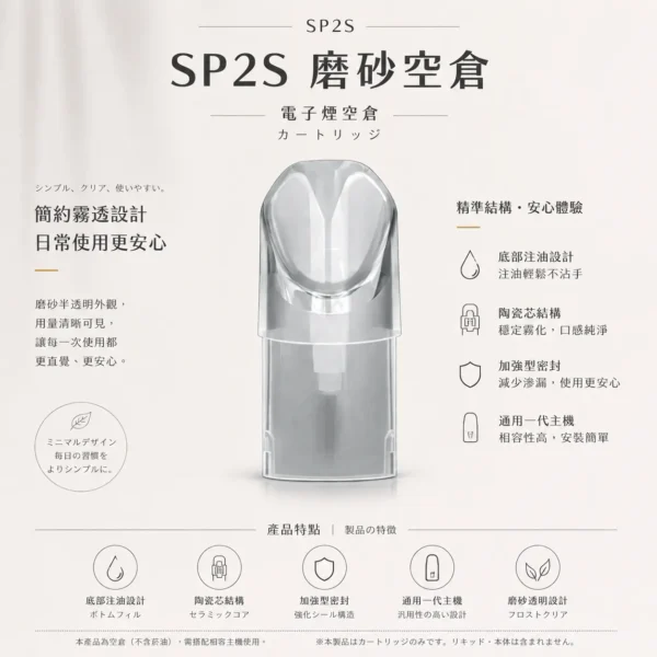 SP2S 磨砂透明 一代通用空倉｜看油方便 底部注油 陶瓷芯順滑擊喉 加強型密封 極致防漏不滲油 通用一代主機