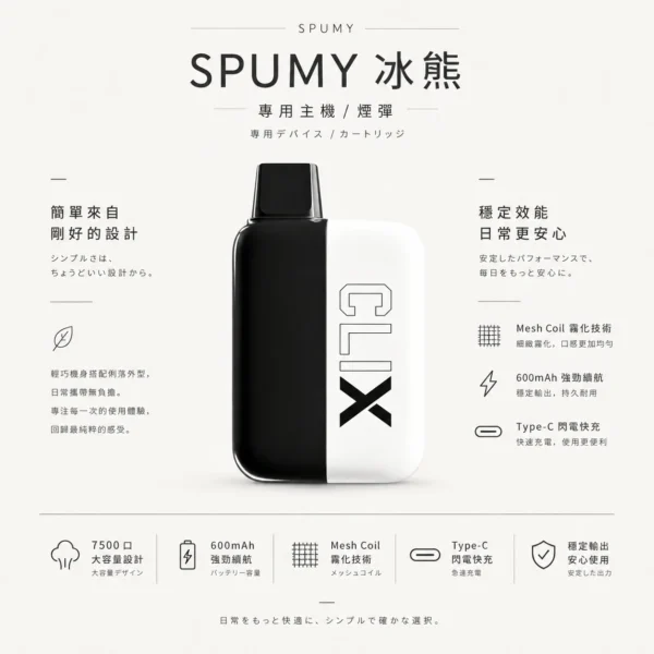 ChatGPT-Image-2026年8月25日-下午07_24_57.webp 【買2贈主機】SPUMY 冰熊 7500口 專用磁吸換彈拋棄式電子煙|10ml滿載 600mAh強勁續航 Type-C閃電快充 Mesh Coil霧化技術