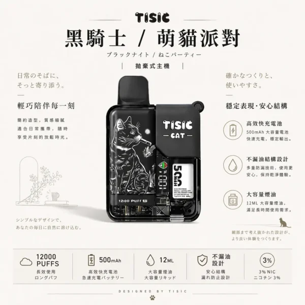 ChatGPT-Image-2026年8月25日-下午07_55_39.webp 【買十送一】TISIC 12000口|黑騎士/萌貓派對雙風格 12ml不漏油油艙 500mAh高效快充 拋棄式電子煙