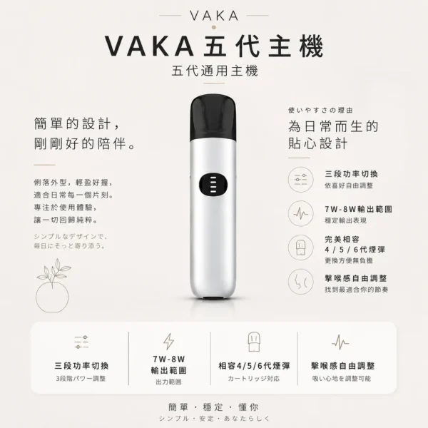 VAKA 五代通用主機｜三段功率自由切換 7W-8W擊喉感隨你定 完美相容4/5/6代煙彈 台灣現貨秒發