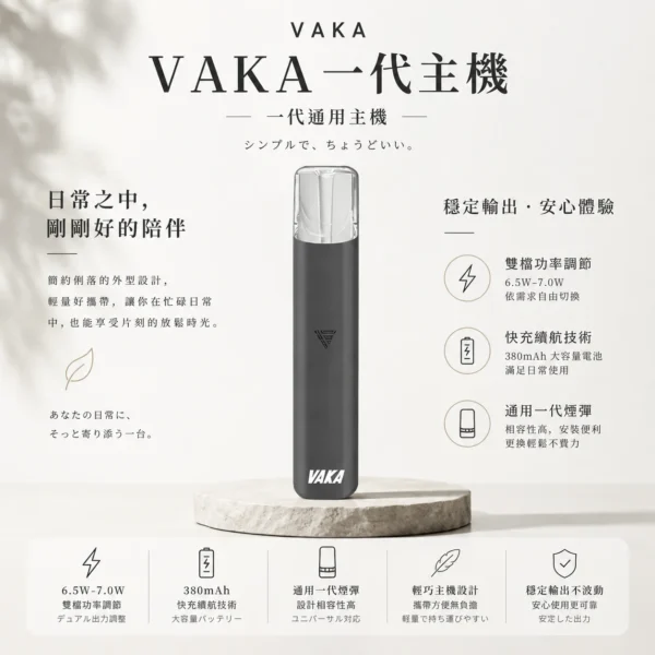 VAKA 一代通用主機｜6.5W-7.0W 雙檔功率可調自定義口感 穩定輸出不波動 380mAh快充續航技術 通用一代煙彈