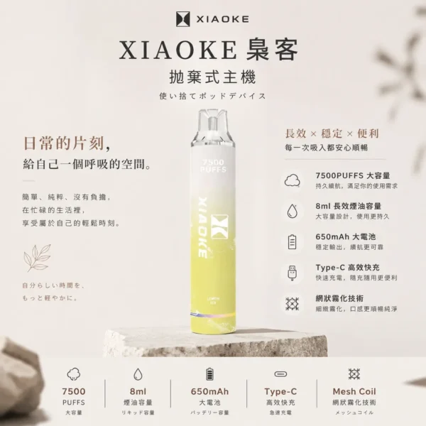 XIAOKE 梟客 7500口 拋棄式電子煙｜8ml大容量 650mAh大電池 支援Type-C高效快充 網狀霧化技術穩定輸出