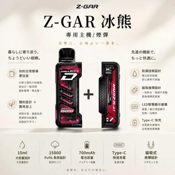 ChatGPT-Image-2026年8月25日-下午10_31_36.webp 【加購100贈主機】Zgar 冰熊卡帶 15000口|15ml煙油 LED智慧螢幕 700mAh Type-C快充 磁吸換彈防漏電子煙