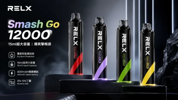 ChatGPT-Image-2026年8月31日-上午04_17_26.webp RELX Smash Go 12000口 拋棄式電子煙|獨家防乾燒技術 15ml澎湃大容量 3%-5%尼古丁鹽爆爽擊喉 400mAh穩壓續航