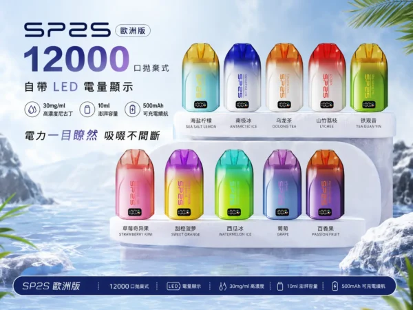 ChatGPT-Image-2026年9月2日-下午11_48_35.webp SP2S 歐洲版 12000口 拋棄式電子煙|自帶 LED 電量顯示 10ml 澎湃容量 電力一目瞭然 500mAh 可充電續航