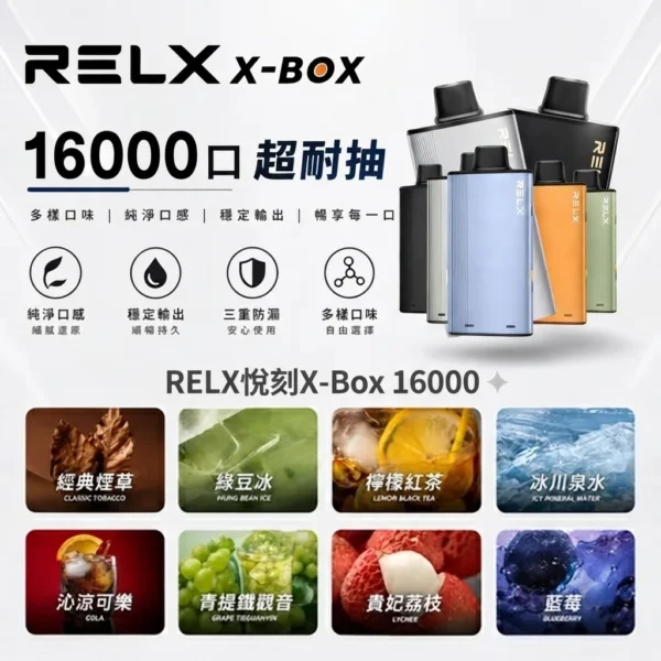 RELX 悅刻 X-BOX 16000口｜12W-16W雙段功率調節 3%尼古丁鹽 Mesh網狀芯 專用換彈套裝