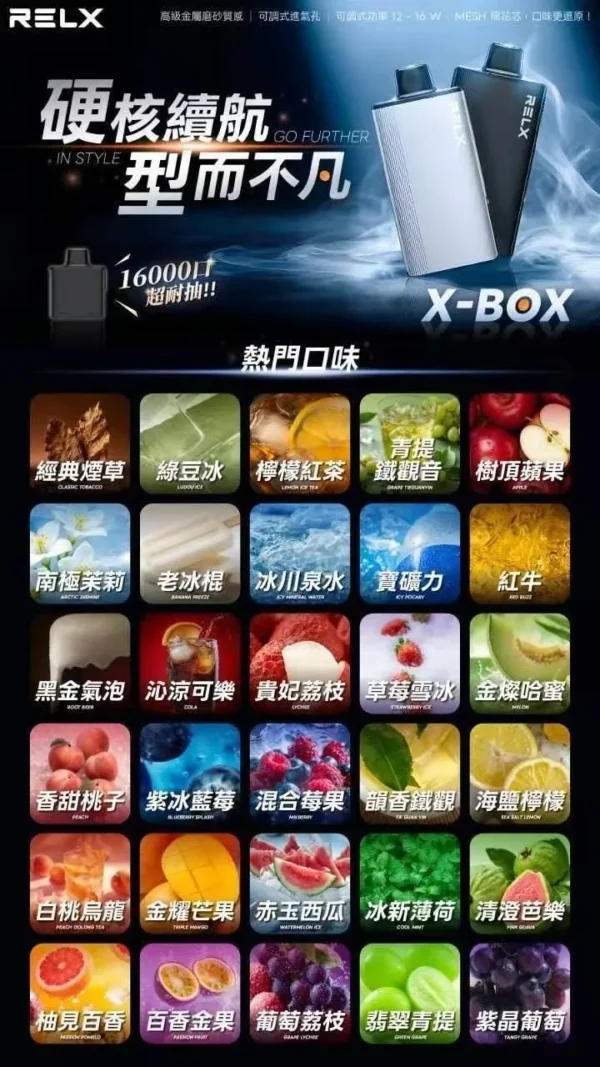 RELX 悅刻 X-BOX 16000口｜12W-16W雙段功率調節 3%尼古丁鹽 Mesh網狀芯 專用換彈套裝