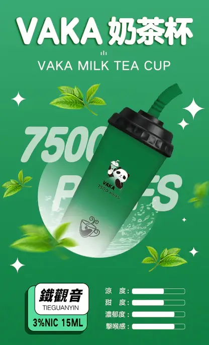 VAKA 奶茶杯 7500口 抛棄式電子煙｜冰感水果奶茶系專屬口味 3%尼古丁鹽順滑擊喉感 15ml 巨量裝x600mAh 可充電續航萌熊貓造型