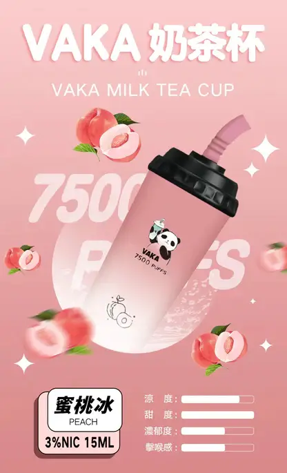 VAKA 奶茶杯 7500口 抛棄式電子煙｜冰感水果奶茶系專屬口味 3%尼古丁鹽順滑擊喉感 15ml 巨量裝x600mAh 可充電續航萌熊貓造型