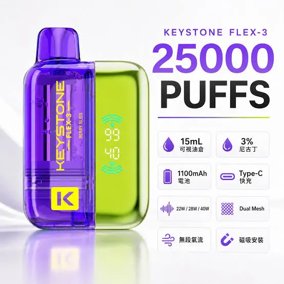 images.webp 【買一盒煙彈送主機】KEYSTONE FLEX-3 鑰石 25000口|15ml透明油艙 22W/28W/40W三段調節 Mesh網狀芯 1100mAh Type-C